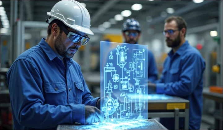 Engineer in a hard hat and safety glasses examines a glowing holographic blueprint on a worktable as two colleagues look on in a factory setting.