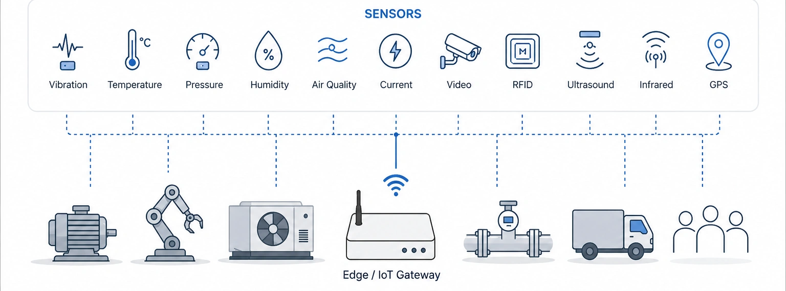 Sensors panel feeding an Edge/IoT gateway connected to industrial equipment: motor, robotic arm, cooling unit, valve, truck, and people (GPS, RFID, ultrasonic, infrared, etc.). Reading context: industrial monitoring network.