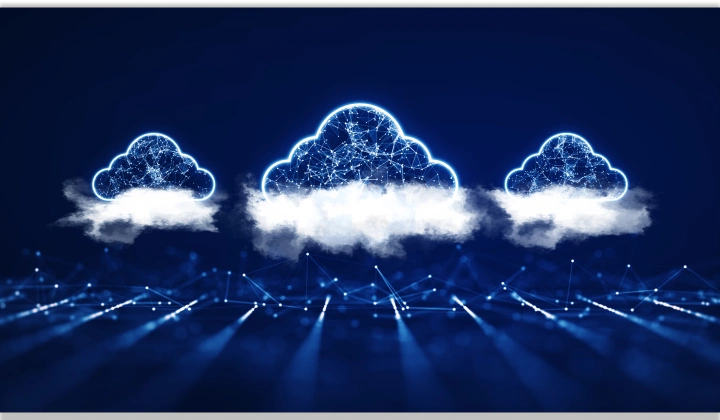 Three glowing blue cloud icons connected by a digital network on a dark blue background, illustrating cloud computing.