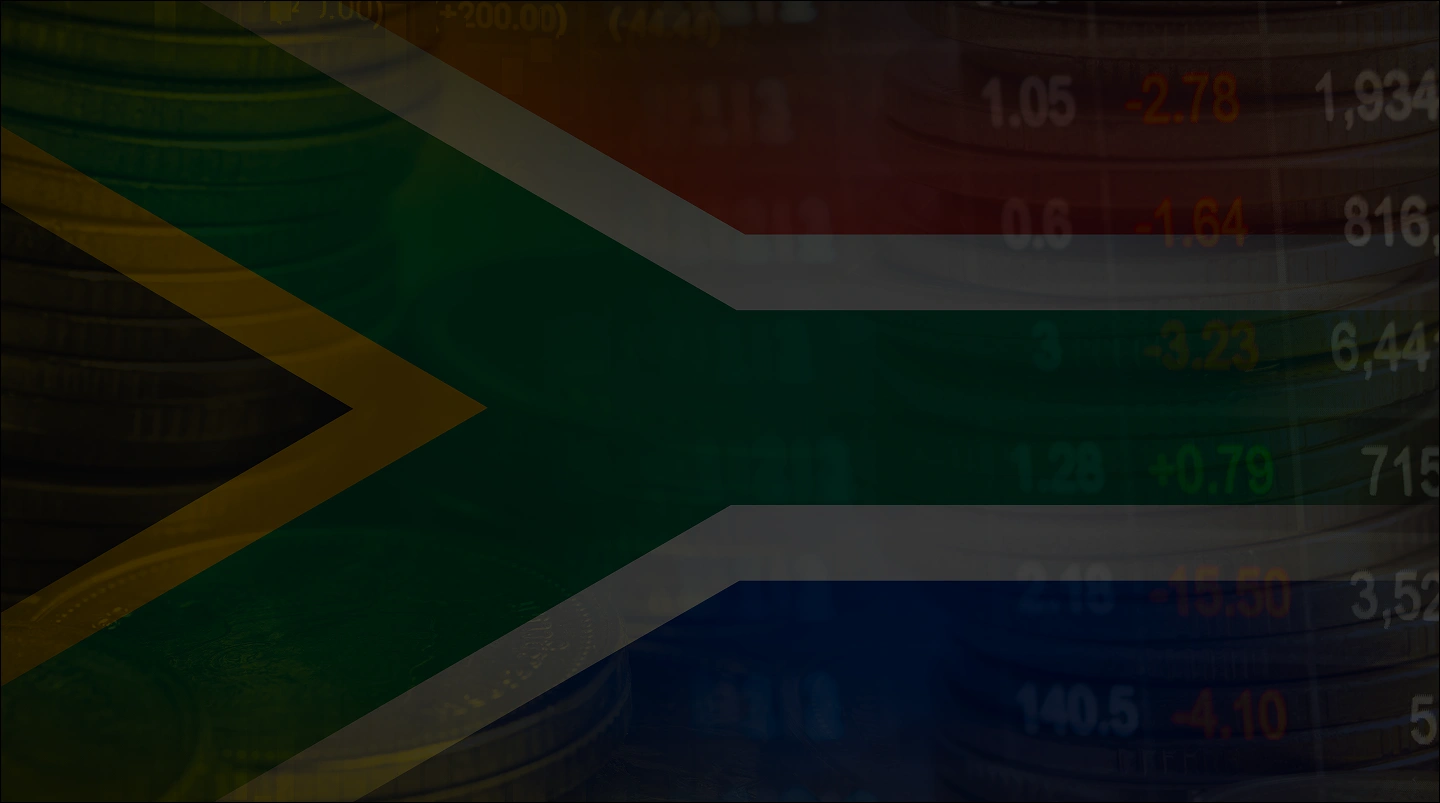 South Africa flag over a background of stock market numbers and coins, suggesting economy and finance.