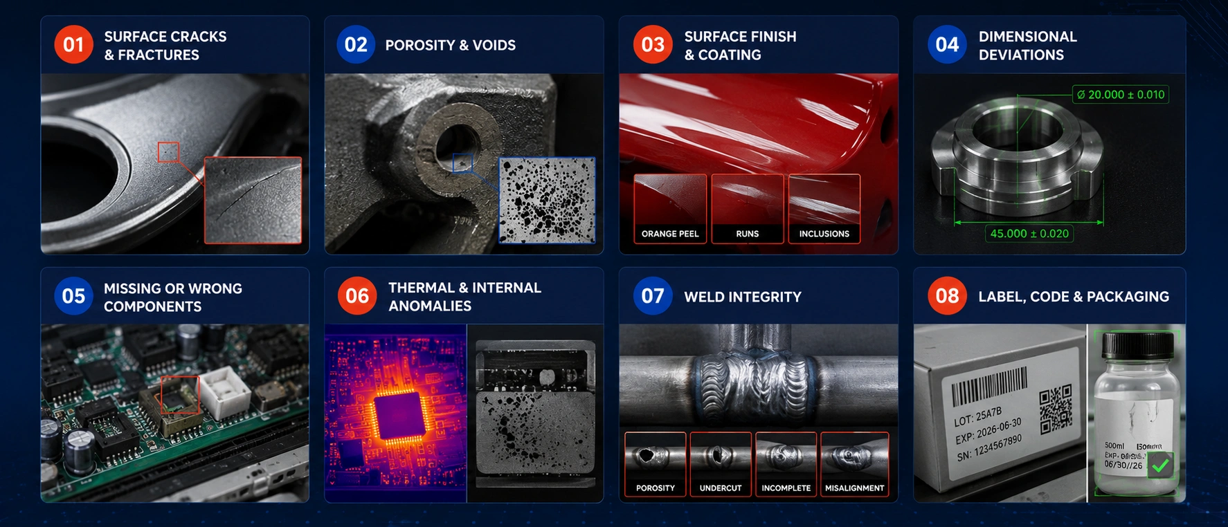 Eight-panel infographic listing common manufacturing defects: cracks, porosity, finish, dimensional deviations, missing components, thermal/anomalies, weld integrity, and labeling/packaging.