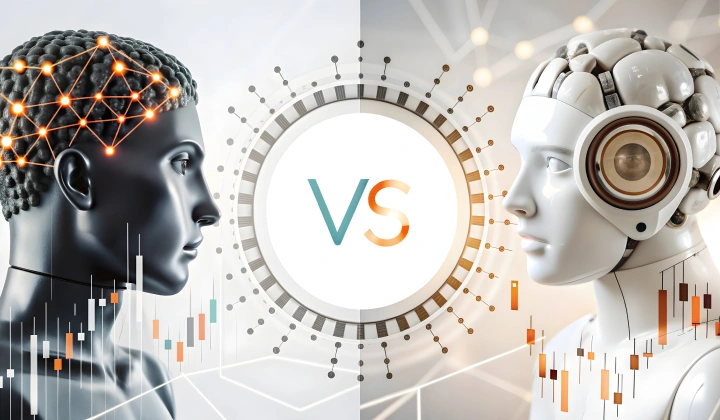 Two humanoid figures, a dark-toned AI head on the left and a white robot on the right, face off with a circular 'VS' center, symbolizing AI versus humans.