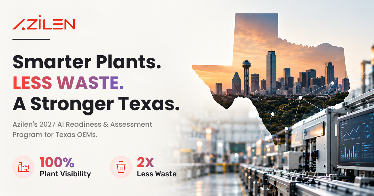 Marketing banner for Azilen: says Smarter Plants, Less Waste, A Stronger Texas, with city skyline inside Texas shape and manufacturing line in foreground.